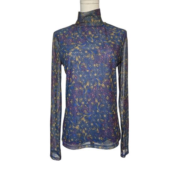 Anthropologie Sheer Mock Neck Top Blue Paisley Artsy Lightweight Size Medium - Picture 3 of 11